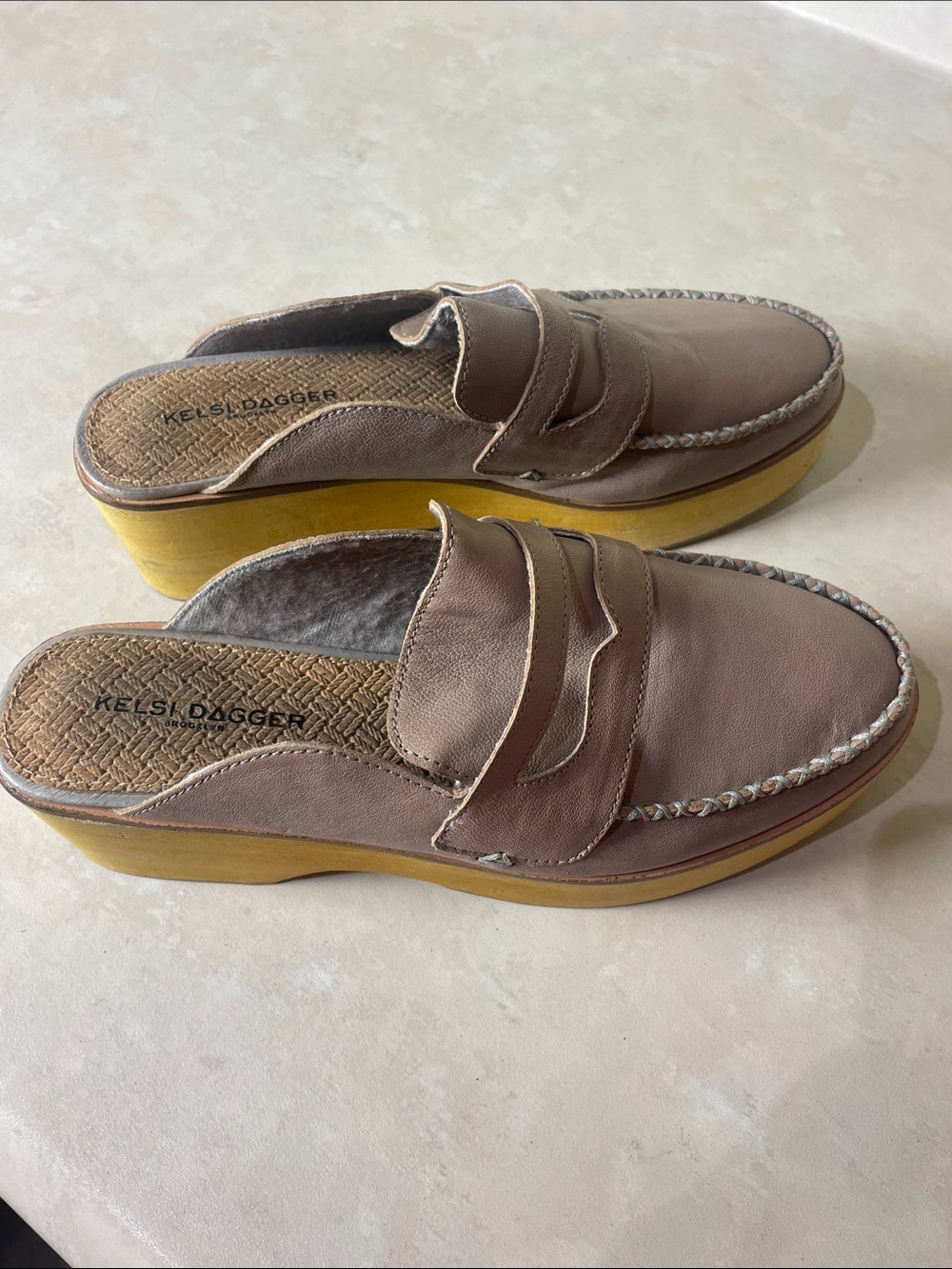 Kelsi Dagger Purplish Brown Leather Slip-On Platform Mules Women’s Size 8